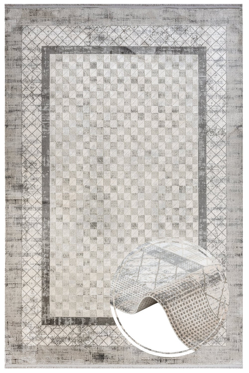 Grey Geometric Area Rug – Machine Made Viscose Carpet with Fringed Edges