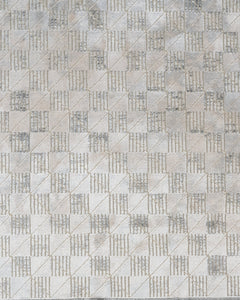 Grey Geometric Area Rug – Machine Made Viscose Carpet with Fringed Edges