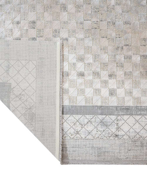 Grey Geometric Area Rug – Machine Made Viscose Carpet with Fringed Edges