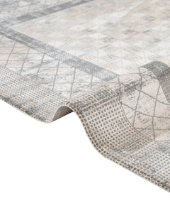 Grey Geometric Area Rug – Machine Made Viscose Carpet with Fringed Edges