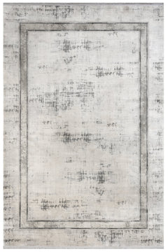 Grey Viscose Area Rug – Machine Made Rug with Frame Design & Fringed Edge