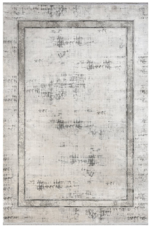 Grey Viscose Area Rug – Machine Made Rug with Frame Design & Fringed Edge
