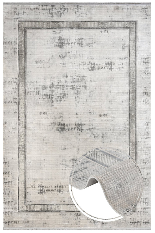 Grey Viscose Area Rug – Machine Made Rug with Frame Design & Fringed Edge