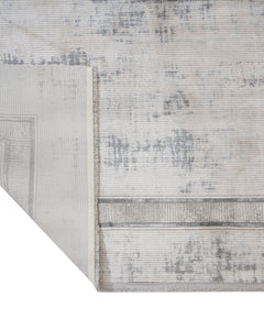 Grey Viscose Area Rug – Machine Made Rug with Frame Design & Fringed Edge