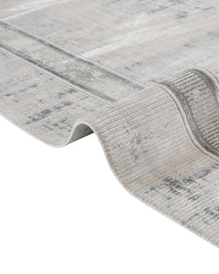 Grey Viscose Area Rug – Machine Made Rug with Frame Design & Fringed Edge