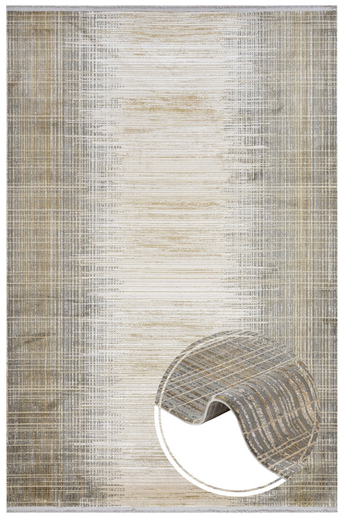 Modern Viscose Area Rug – Gold Machine Made Rug With Fringed Edge Carpet