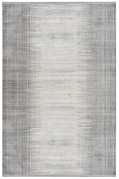 Modern Viscose Area Rug – Machine Made Grey Carpet With Fringed Edge