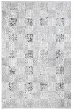 Grey Geometric Area Rug – Micropolyester Machine Made Rug with Fringed Edges