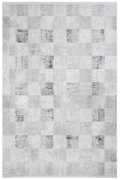 Grey Geometric Area Rug – Micropolyester Machine Made Rug with Fringed Edges