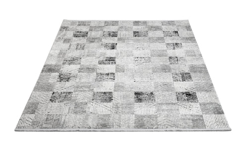 Grey Geometric Area Rug – Micropolyester Machine Made Rug with Fringed Edges