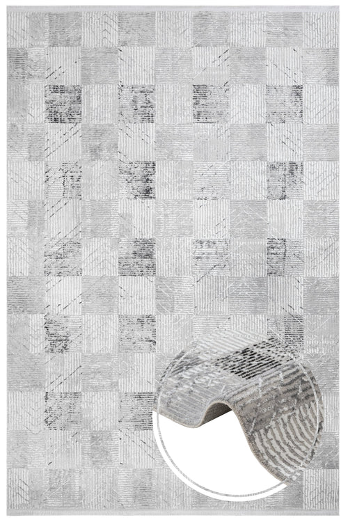 Grey Geometric Area Rug – Micropolyester Machine Made Rug with Fringed Edges