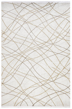 Beige Geometric Rug – Machine Made Micropolyester Area Rug with Fringed Edges