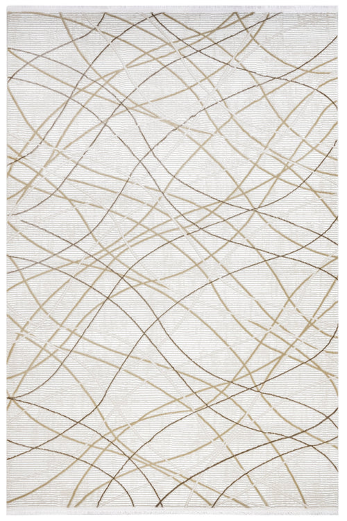 Beige Geometric Rug – Machine Made Micropolyester Area Rug with Fringed Edges