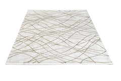 Beige Geometric Rug – Machine Made Micropolyester Area Rug with Fringed Edges