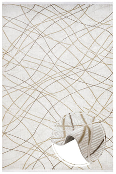 Beige Geometric Rug – Machine Made Micropolyester Area Rug with Fringed Edges