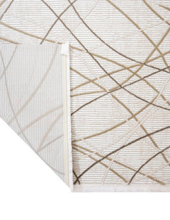 Beige Geometric Rug – Machine Made Micropolyester Area Rug with Fringed Edges