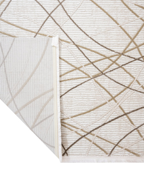 Beige Geometric Rug – Machine Made Micropolyester Area Rug with Fringed Edges