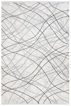 Grey Geometric Area Rug - Machine Made Micropolyester Rug with Fringed Edges