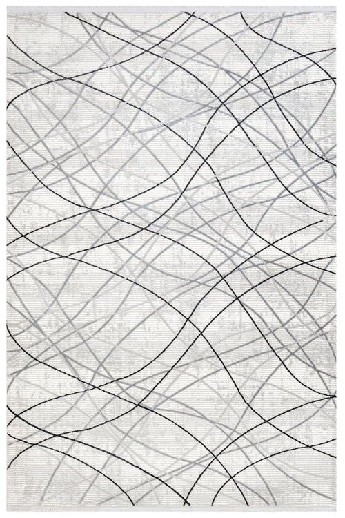 Grey Geometric Area Rug - Machine Made Micropolyester Rug with Fringed Edges