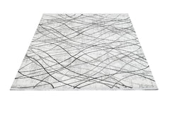 Grey Geometric Area Rug - Machine Made Micropolyester Rug with Fringed Edges