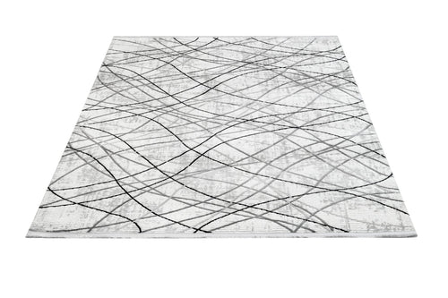 Grey Geometric Area Rug - Machine Made Micropolyester Rug with Fringed Edges