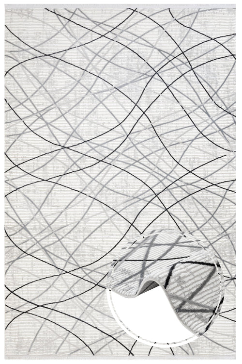 Grey Geometric Area Rug - Machine Made Micropolyester Rug with Fringed Edges