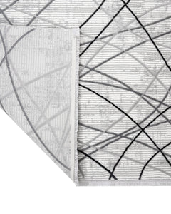 Grey Geometric Area Rug - Machine Made Micropolyester Rug with Fringed Edges