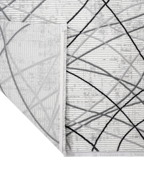 Grey Geometric Area Rug - Machine Made Micropolyester Rug with Fringed Edges