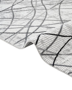 Grey Geometric Area Rug - Machine Made Micropolyester Rug with Fringed Edges