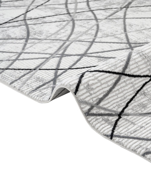 Grey Geometric Area Rug - Machine Made Micropolyester Rug with Fringed Edges