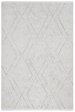 Cream Geometric Area Rug – Machine Made Micropolyester Carpet With Fringed Edges