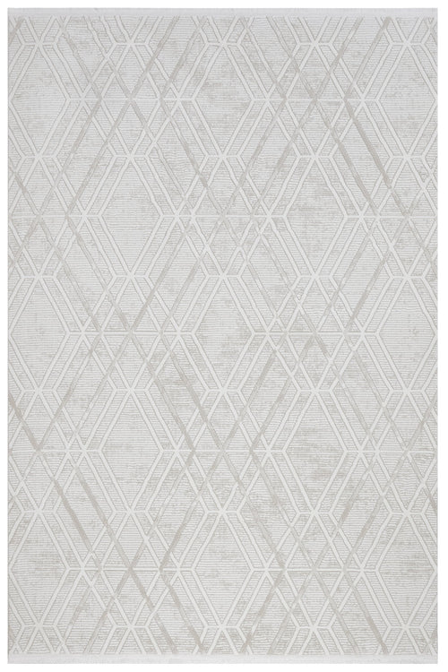 Cream Geometric Area Rug – Machine Made Micropolyester Carpet With Fringed Edges