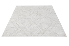 Cream Geometric Area Rug – Machine Made Micropolyester Carpet With Fringed Edges