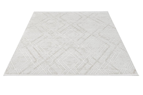 Cream Geometric Area Rug – Machine Made Micropolyester Carpet With Fringed Edges
