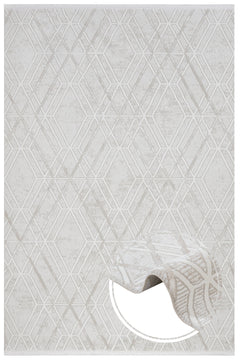 Cream Geometric Area Rug – Machine Made Micropolyester Carpet With Fringed Edges