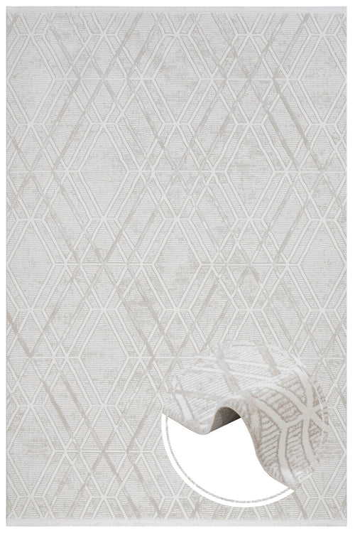 Cream Geometric Area Rug – Machine Made Micropolyester Carpet With Fringed Edges