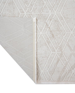 Cream Geometric Area Rug – Machine Made Micropolyester Carpet With Fringed Edges