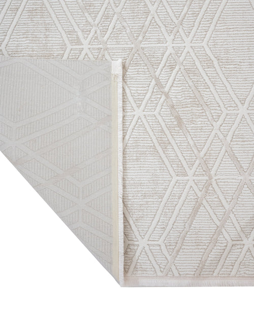 Cream Geometric Area Rug – Machine Made Micropolyester Carpet With Fringed Edges