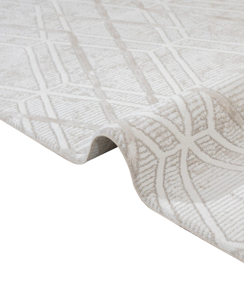 Cream Geometric Area Rug – Machine Made Micropolyester Carpet With Fringed Edges