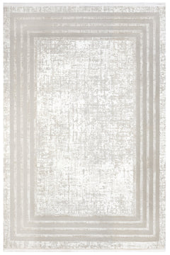 Cream Geometric Area Rug - Machine Made Micropolyester Carpet with Fringed Edges