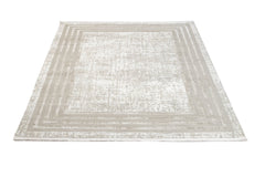 Cream Geometric Area Rug - Machine Made Micropolyester Carpet with Fringed Edges