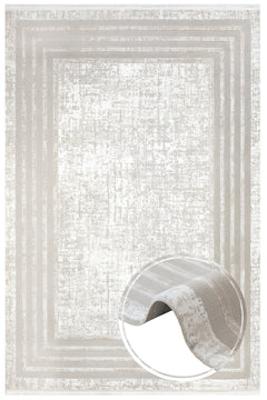 Cream Geometric Area Rug - Machine Made Micropolyester Carpet with Fringed Edges