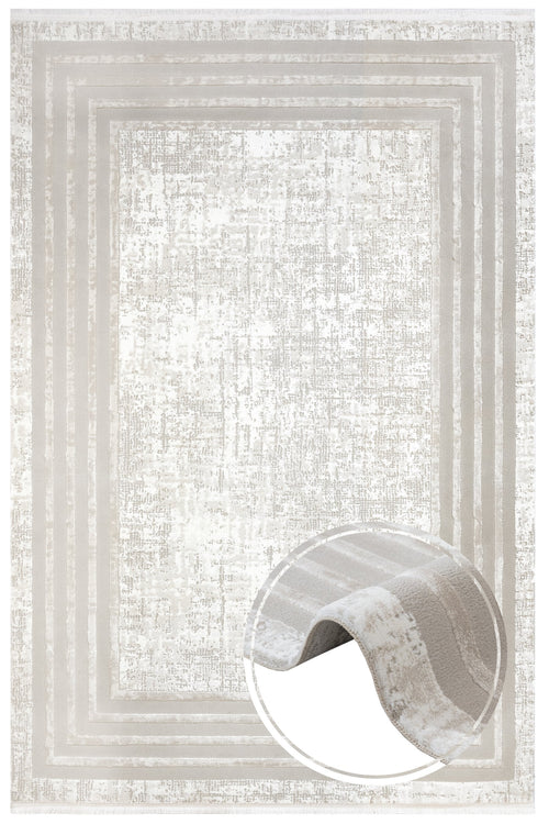 Cream Geometric Area Rug - Machine Made Micropolyester Carpet with Fringed Edges