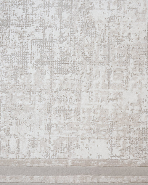 Cream Geometric Area Rug - Machine Made Micropolyester Carpet with Fringed Edges