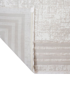 Cream Geometric Area Rug - Machine Made Micropolyester Carpet with Fringed Edges