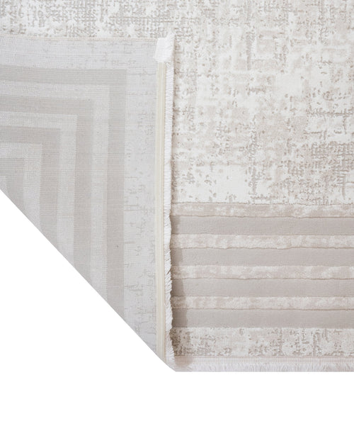 Cream Geometric Area Rug - Machine Made Micropolyester Carpet with Fringed Edges