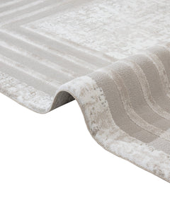 Cream Geometric Area Rug - Machine Made Micropolyester Carpet with Fringed Edges