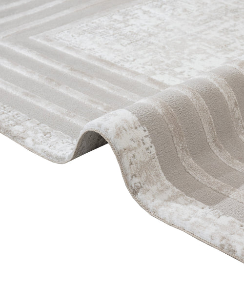 Cream Geometric Area Rug - Machine Made Micropolyester Carpet with Fringed Edges