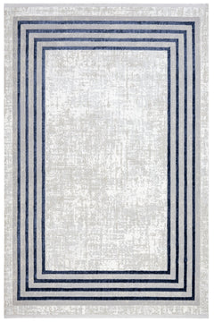 Blue Geometric Area Rug - Micropolyester Machine Made Rug with Fringed Edges