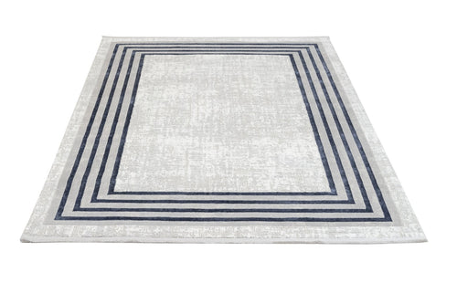 Blue Geometric Area Rug - Micropolyester Machine Made Rug with Fringed Edges